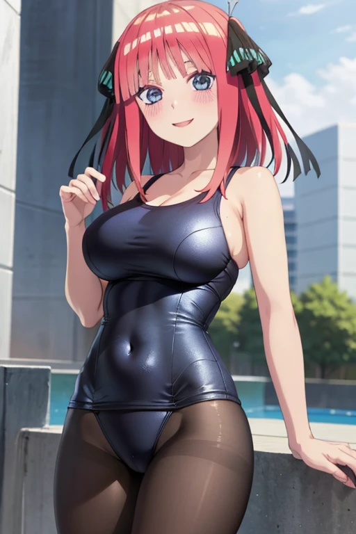 best quality, ultra-detailed masterpiece, anime art style, cute characters, nino nakano, one-piece swimsuit, large breasts, pantyhose, blush, smile