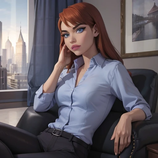 (masterpiece, high quality) woman, formal business suit, shirt, pants, solo , looking at viewer, perfect face, suits Navy blue, crystal blue eyes, eyelashes, makeup, sitting on a leather black luxurious sofa, office, skyscraper 