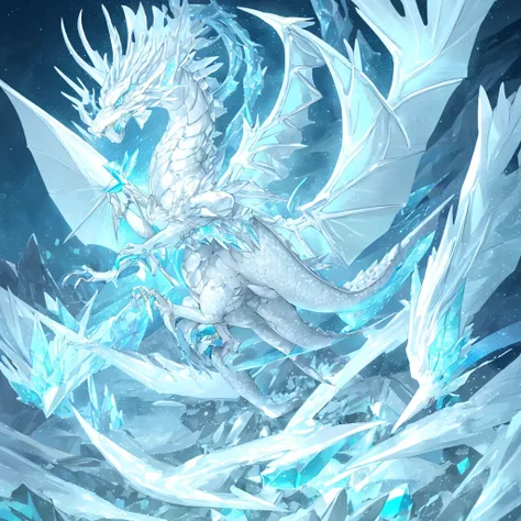 A silver-white flying dragon with cyan crystals on its chest stands in the ice field