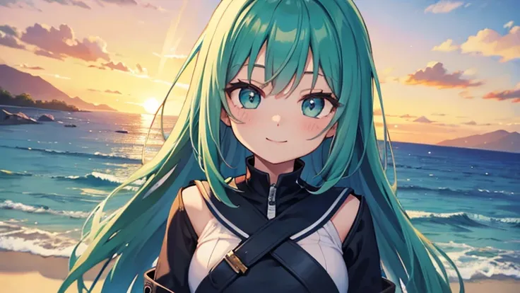 Anime Style, In the sky, across the sea, Open both eyes, Green Sea, In the sunset, smile, masterpiece, 4K, Detailed face, good anatomy, highlight,  