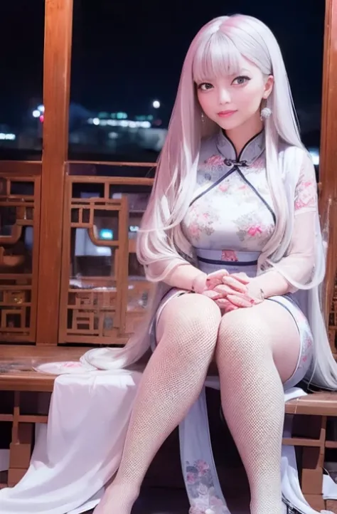 masterpiece, the best, night, full moon, 1 adult female, Chinese architecture, China dress, Chinese Costume, Royal Sister, Cold Face, poker face, Woman with long silver hair, Light pink lips, Fishnet tights, Calm, Knowledgeable person, Slieban, Gray pupils...