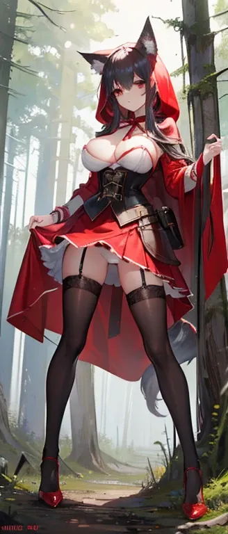 ((best quality)), ((masterpiece)), (detailed), perfect face, Red Riding Hood, nude, large breasts, thin waist, long thin legs, stockings, high heels, corset, garder belt, very tgin body, dense overgrown forest, epic view, wide view, wolf, large wolf