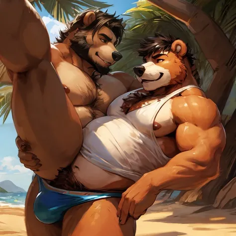 Chubby, furry,male , anthro bear, dark orange fur, cream fur, black hair, very plump, middle aged  , mouth covered mustache,Thick beard, seductive  , detailed , full body , tight tank top, lifted up, chest and belly exposed, naked, cum penis, extremely hot...