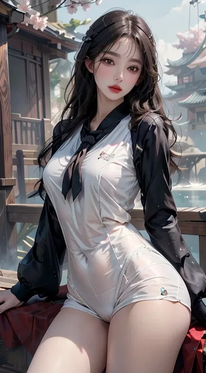 1 female，35 years old，Married woman，MILF，Plum，Very large breasts， solo，（background：pond，Cherry blossom forest，lotus）Stand up， She has short black hair，从front看，， partly cloudy，（（（masterpiece），（Very detailed CG unified 8K wallpaper），Best quality，Movie Lighti...