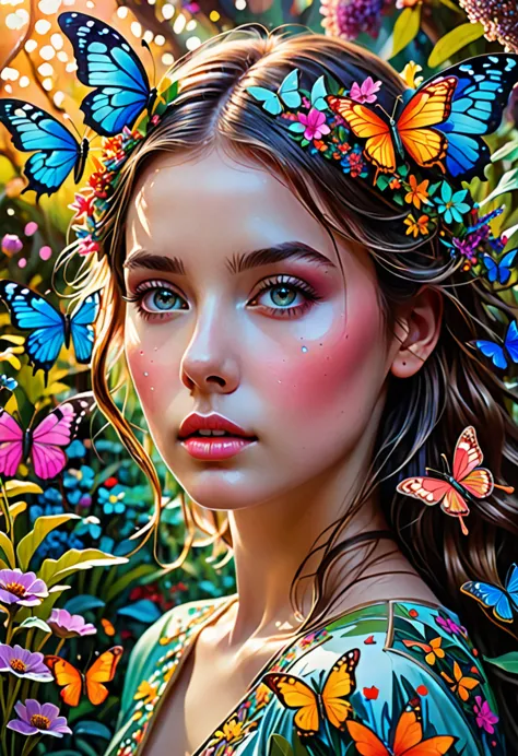 a girl close up, glowing shinny eyes with ultra long eyelashes, in a surreal and intricate garden of infinite possibilities, los...