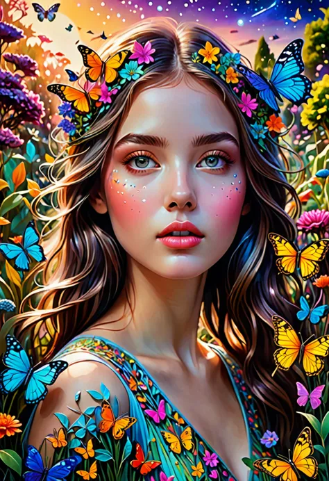 a girl close up, glowing shinny eyes with ultra long eyelashes, in a surreal and intricate garden of infinite possibilities, los...