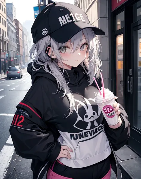 masterpiece,1 Girl, smiley face, Long messy gray hair, earphone,Solitary,Hoodies,Off-shoulder:1.2, Thug Hat, street,Hands on Hips, Drinking a milkshake while holding, Black cool jacket huge breasts