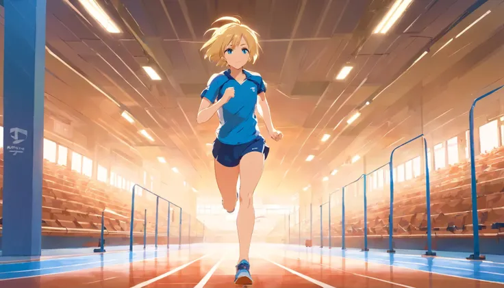 woman,blonde,17 years old,(short hair),(blue eyes),Sportswear,Body adjustment,Are standing,running,Athletics,Clay floor