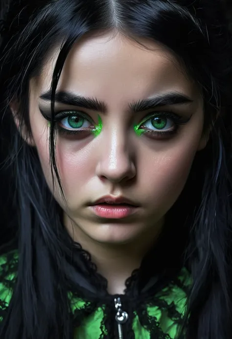 (a girl with a expression of hatred and sadness, black hair with silver tips, green right eye, gray left eye (detailed eyes)), oil painting, dark background, gothic atmosphere, vibrant colors, dramatic lighting