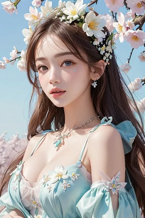 (masterpiece of Spring art), (highest quality pixels and resolution), (vibrant and colorful Spring outfit), (extravagant Spring hair with intricate details), (outdoor scene under crystal-clear sky), (emphasis on bust and breast enhancement), (subtle yet st...