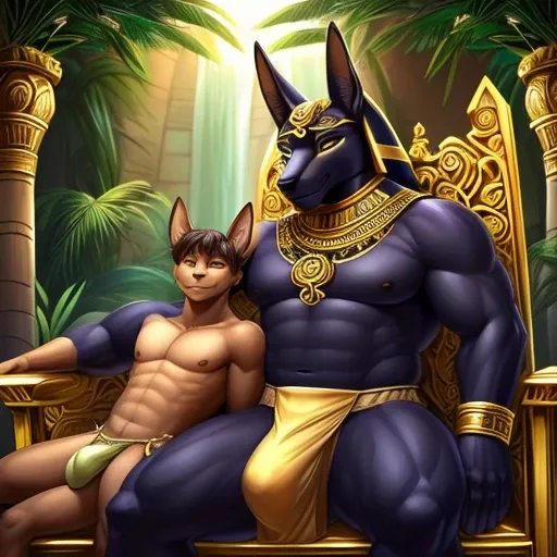 Male duo, height difference, portrait, in an open-air temple, lush oasis background, Anubis (((male, tall, stocky, thick body, sexy, loincloth bulge))), is lounging on a large ornate golden throne, with a fox servant (((male, short, skinny, twink, meek))) ...