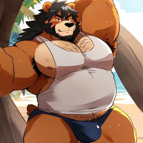 Chubby, furry,male , anthro bear, bright orange fur, cream fur, black hair, very plump, middle aged , mouth covered mustache,Thick beard, seductive , detailed , full body , tight tank top, lifted up, chest and belly exposed, naked, hyper erection:1.65, bul...