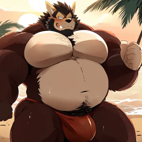 Chubby, furry,male , anthro oozaru, bright fur, cream fur, black hair, very plump, middle aged , mouth covered mustache,Thick beard, seductive , detailed , no clothes, naked, lifted up, chest and belly exposed, hyper penis:1.65, detailed bulge, hyper pecs:...