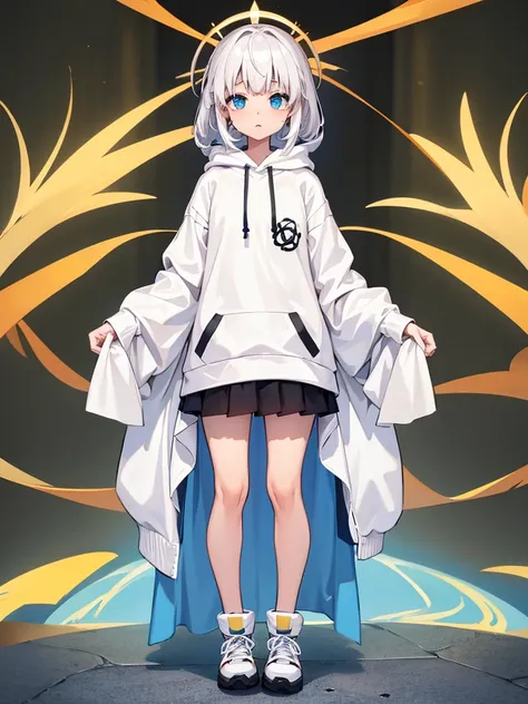 1girl、A simple long hoodie、Rib knit cuffs and hem、vtuber-fullbody、Milky white short hair、