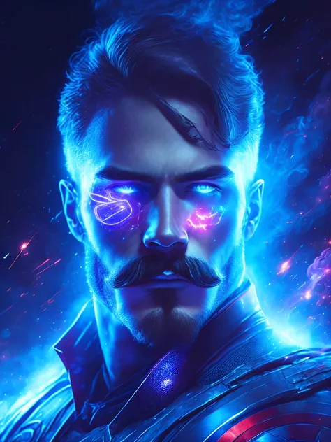 gloomy portrait of man with mustache Captain America from Marvel, extremely detailed, futuristic cityscape, nighttime, glowing neon lights, smoke, sparks, metal shavings, flying debris, blue energy effects, volumetric light