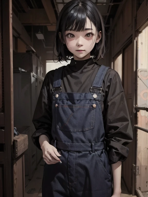 (masterpiece: 1.2, highest quality), (snap shot), Flat Illustration, creepy appearance, Unique atmosphere、coveralls overalls beautiful girl、whole body,
