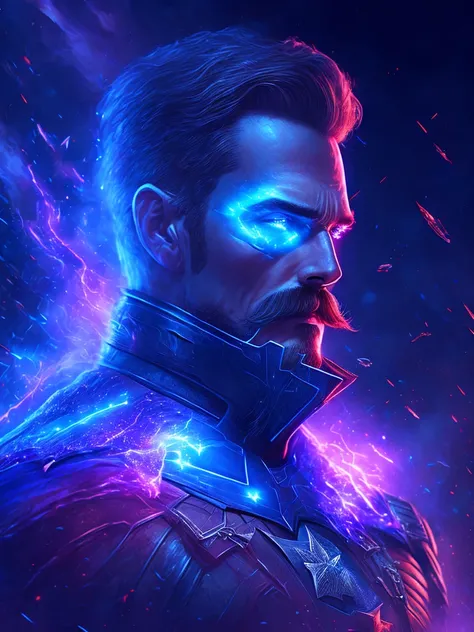 gloomy portrait of man with mustache Captain America from Marvel, extremely detailed, futuristic cityscape, nighttime, glowing neon lights, smoke, sparks, metal shavings, flying debris, blue energy effects, volumetric light