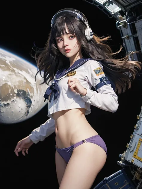 An unbeatable masterpiece, Ultra-photorealism, Perfect artwork, Intricate details, highest quality, Strong light,High Contrast, alone , big breasts , Misipos , One girl ,((sailor suit 1.3))、((Spacesuit:1.1) , ((I can see her panties)):1.5, furnace , Starav...