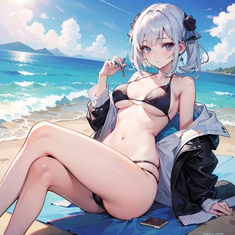 anime girl in a bikini sitting in a pool with a beach in the background, seductive anime girl, beautiful alluring anime woman, Realistic Bikini, Naughty, At the Beach, At the Beach, Kantai Collection Style, anime! 4K, anime! 4k yen, tits, Ilya Kuvshinov. 4...