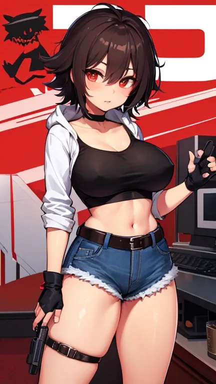 solo japanes thick figure thick thighs ultra breast size ultra hip size tan skin girl short dark brown messy hair wear fingerless gloves wear short crop top hoodie wear short crop jean ripped wear holster holding a sub machine gun on hand