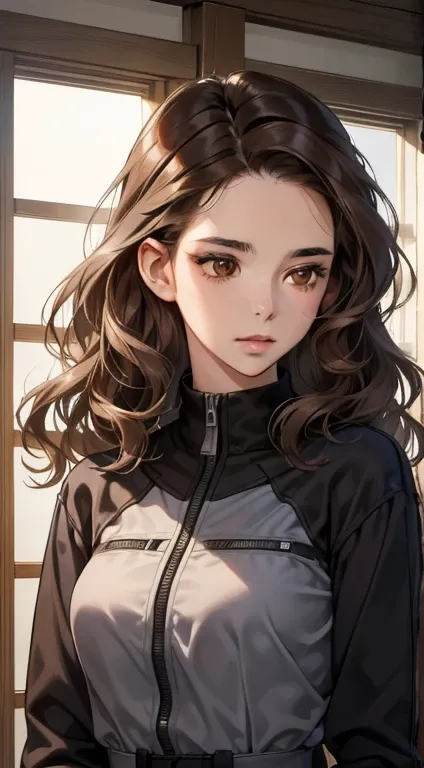 masterpiece, best quality, Practical, 1 female, Quiet, Calm and pretty young woman, 23 years old, ((shut up)), Extremely detailed, A Little Distance, whole body ((Dark brown eyes)), ((Wavy Dark Brown Hair)), Bring a gun, Acura, 4K