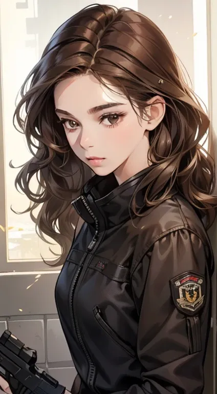 masterpiece, best quality, Practical, 1 female, Quiet, Calm and pretty young woman, 23 years old, ((shut up)), Extremely detailed, A Little Distance, whole body ((Dark brown eyes)), ((Wavy Dark Brown Hair)), Bring a gun, Acura, 4K