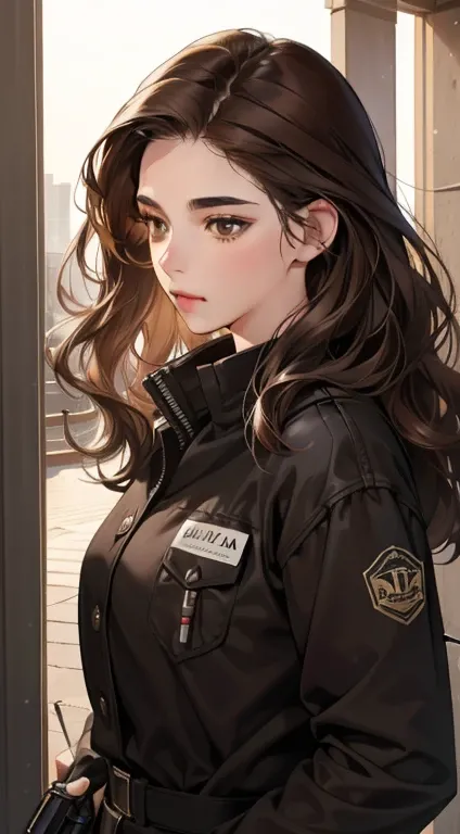 masterpiece, best quality, Practical, 1 female, Quiet, Calm and pretty young woman, 23 years old, ((shut up)), Extremely detailed, A Little Distance, whole body ((Dark brown eyes)), ((Wavy Dark Brown Hair)), Bring a gun, Acura, 4K