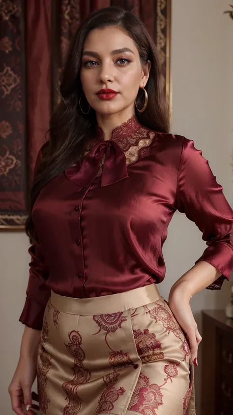 A gorgeous 45-year-old woman, mature curvy figure, (((wearing Indian marron silk blouse, lace))), (((maroon silk skirt))), (((detailed silk blouse and silk skirt))), (((red lipstick))), (((earrings))), black hair, is styled in a traditional manner, curvy, ...