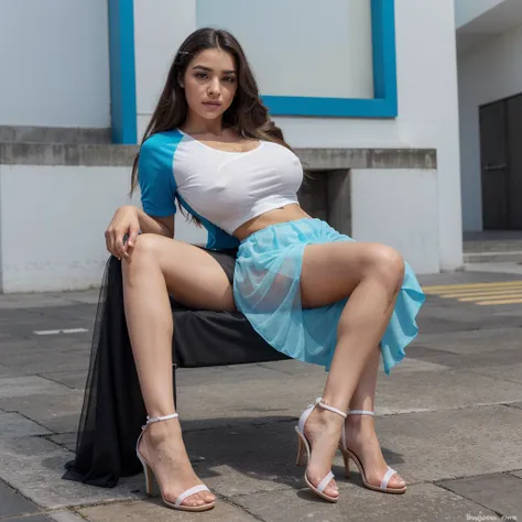 Chica joven hermosa, esta parada de pie, 20 years, delgada, Ojos perfectos, cuerpo entero,iris perfecto, labios perfectos, dientes perfectos, piel perfecta, tetas grandes, esta usando una blusa transparente ajustada sin mangas ((color azul)), esta usando u...