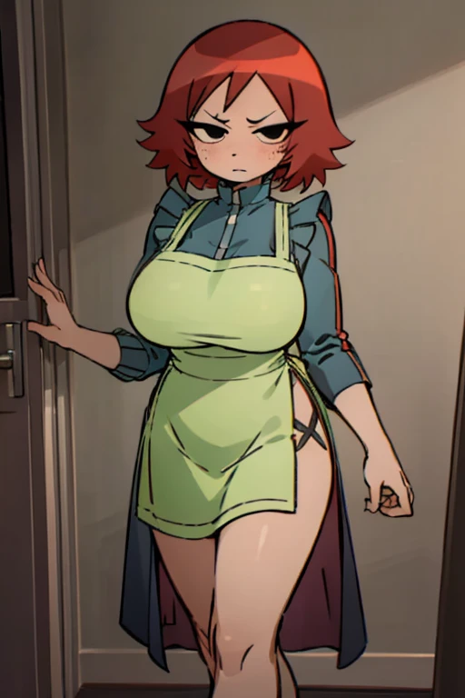 Who is new, indoors, Looking at the audience, 1 Girl, Solitary, angry, blush, Wide hips, Willow Waist, freckle, Red hair, black eyes:1.4, short hair, Curvy beauty:1.4, BREAKMaid costume, apron, High Leg Raise, Thighs squeeze huge breasts