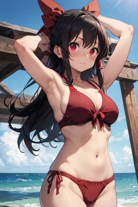 Reimu Panties visible Huge breasts Breasts visible, troubled face Wearing a swimsuit  visible Breast size is 25 Panties are red or black Masterpiece Armpits visible