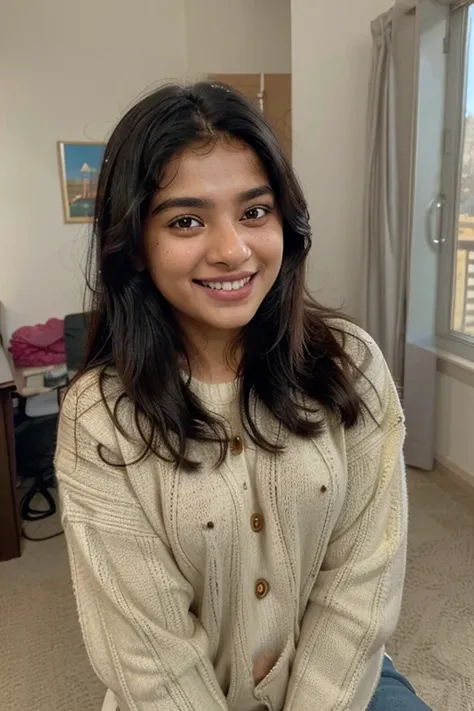 A beautiful Pakistani girl with thick black hair and bright skin, brown eyes and light freckles on cheeks,small breasts, morning selfie, wearing winter sweater, simple room view in background, no blur, girl far from camera, mobile clicked selfie, ((laughin...