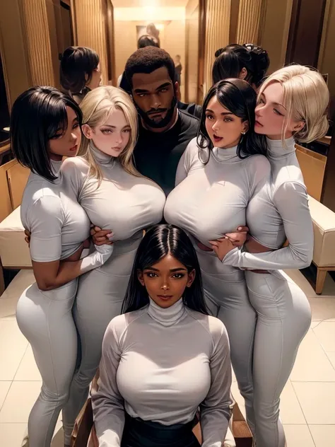 (Best Quality,Unparalleled Masterpiece:1.4) one tall muscular black man, four women with beautiful highly detailed faces are wearing white turtleneck-shirts and white yoga-pants (the four women express desire) (the four women surround and worship a single ...