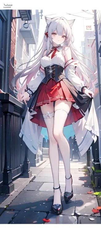 ((best quality)), ((masterpiece)), (detailed), perfect face, Red Riding Hood, nude, large breasts, thin waist, long thin legs, stockings, high heels, corset, garder belt, very tgin body, dark creepy forest, epic view, wide view, wolf, large wolf