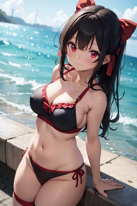 Reimu Panties visible Huge breasts Breasts visible, troubled face Wearing a swimsuit  visible Breast size is 25 Panties are red or black Masterpiece Armpits visible Water coming out