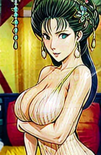 {best quality}, {very aesthetic}, {ultra-detailed}, {best illustration},Suikoden,Mrs. Lin,NSFW,mature female,{full_nude},{full_body},big breast,big nipple,Pubic hair of the same color as the hair,red cheek, embarrassed, Frightened expression,Looking down,s...