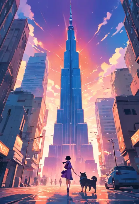 un primer plano de una ciudad con un gran edificio y ((( la verdadera torre Effeil al fondo en el centro))), inspirado en Liam Wong, estilo de arte ciberpunk, arte lofi, al estilo de Laurie Greasley, fondo neo tokio, inspired por Kilian Eng, por Kilian Eng...