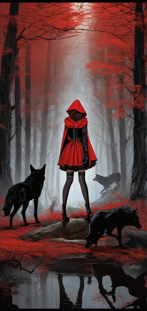 ((best quality)), ((masterpiece)), (detailed), perfect face, Red Riding Hood, large breasts, thin waist, long thin legs, stockings, high heels, corset, garder belt, very thin body, dark creepy forest, epic view, wide view, wolf, large wolf