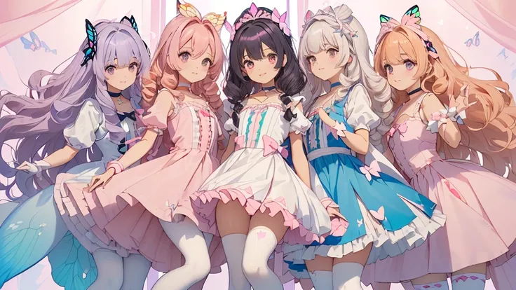 (wizard girl group), ((multiple girls:1.6)),  ((5_girls)), 
 BREAK, first-person-view, ((Wearing a Cute dress with pink trim on a white silk fabric:1.6)), (it consists of white scarf, white big bow on her waist and above-the-knee skirt with panniers:1.5), ...