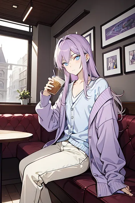 Androgynous guy with long lilac hair and amber eyes looking unimpressed. Hes wearing a soft blue cardigan and casual pants. hes in a cafe drinking