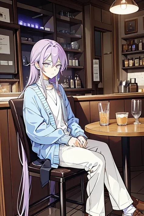 Androgynous guy with long lilac hair and amber eyes looking unimpressed. Hes wearing a soft blue cardigan and casual pants. hes in a cafe drinking