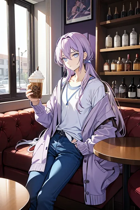 Androgynous guy with long lilac hair and amber eyes looking unimpressed. Hes wearing a soft blue cardigan and casual pants. hes in a cafe drinking