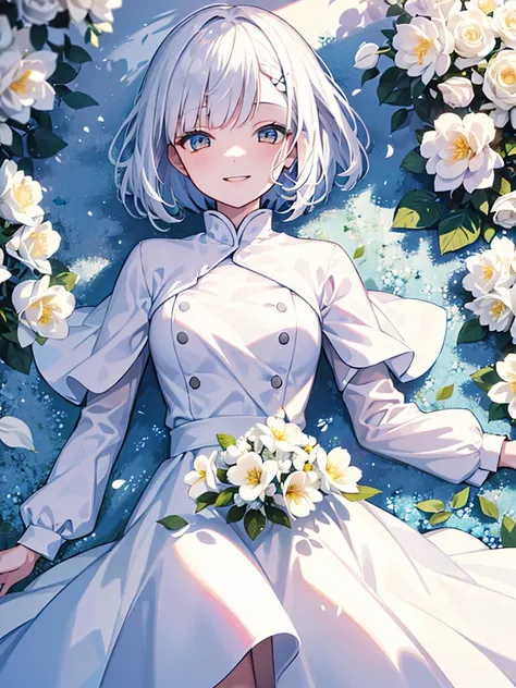 a girl, close shot angle, white bob hair, white eyes, smiling, white dress, surrounded by flowers