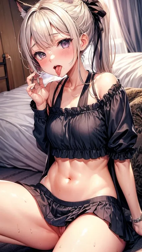 Super detailed(eye:1.7),highest quality、Best image quality、On the bed、Beautiful valley、Disheveled clothes、thin、Humiliated face、Dog Pose、Super detailed、Small breasts、Light Particles 0.5、Moist eyes、Wet body、lick、Open your mouth、Sticking out tongue、dripping c...