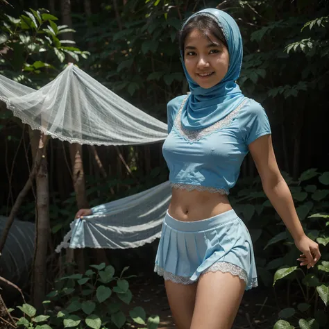 A 19 years old Indonesian girl in light blue hijab, wearing very short light blue lace tight t-shirt, wearing very short see-through light blue lace skirt, skirtlift, villager, poor girl, darker skin, curvier body, short body, small breasts, flat-chested, ...