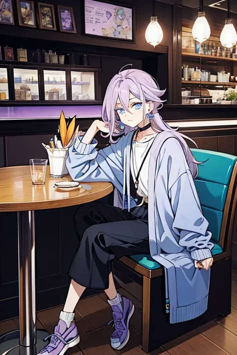 Androgynous guy with long lilac hair and amber eyes looking unimpressed. Hes wearing a soft blue cardigan and casual pants with opal vertical earrings. Hes in a cafe drinking with pokemon