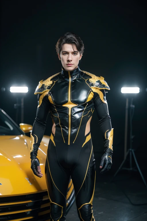 Full full body a handsome hunky celestial Stinger boy wearing a yellow and black wave filigree latex spandex and gloves  standing firmly face frontal camera focus asymmetrical face details,charachter, beautiful, devian art, trending artstation, digital art...