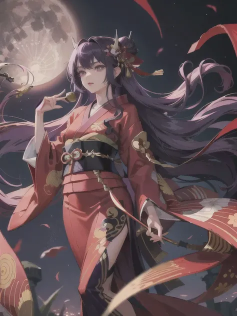 1girl、long hair、long purple hair、dark purple hair、long flowing hair、long hair to the feet、wearing a kimono、red kimono、long kimono、flying kimono fabric、purple eyes、cold eyes、cold、sharp sharp、beautiful face、purple eye shadow、night sky view、festive night sky、...