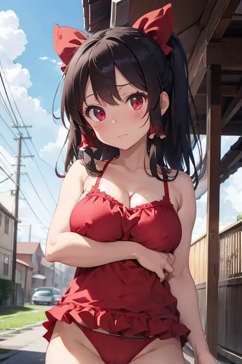 Reimu Panties visible Huge breasts Breasts visible, troubled face Wearing a swimsuit Breasts visible Breast size is 30 Panties are red or black Masterpiece Armpits visible Very cute Nipples are pink Breasts visible Completely naked Elementary school studen...