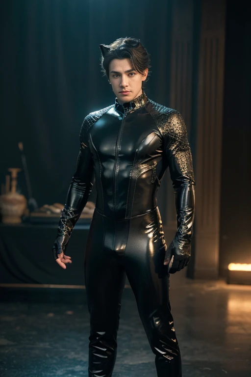 Full full body photorealistic handsome Hunky Catboy wearing a black waves filigree latex spandex and gloves , with black cats ears,,standing firmly face frontal camera focus asymmetrical face details,charachter, beautiful, devian art, trending artstation, ...